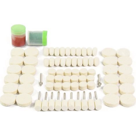 Kit de 76 almohadillas de pulido de fieltro y lana, que incluye un cabezal de lijado, una punta y un mandril, así como otros accesorios y herramientas compatibles con Dremel. (1/5)