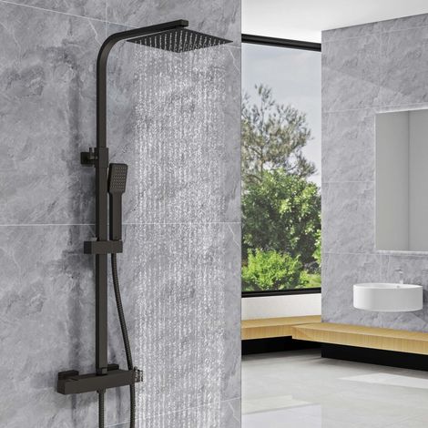 AICA Bathroom Thermostatic Exposed Shower Mixer Large Twin head Square Bar Set Black (1/5)