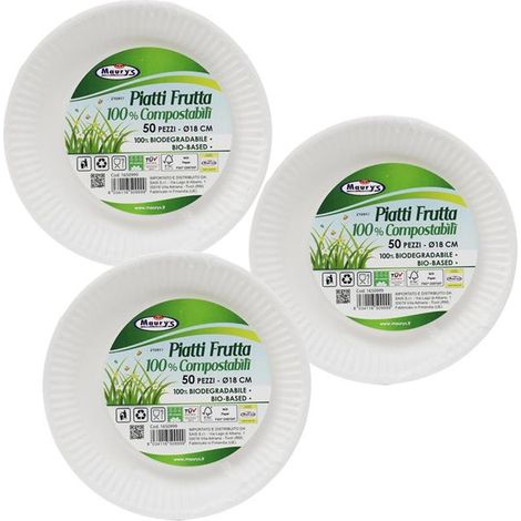 KIT SET 3 PZ MAURY'S PIATTI 50 PZ FRUTTA 18 CM COMPOSTABILI BIODEGRADABILI (1/4)