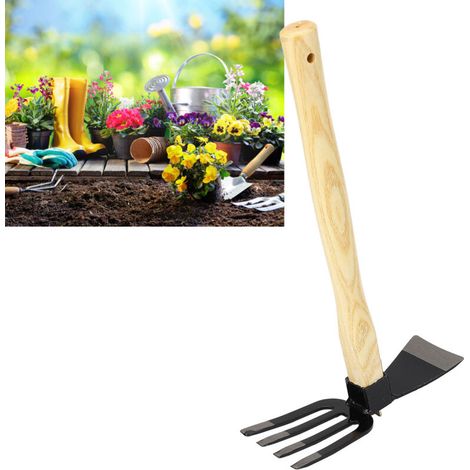 Outil de jardinage manuel : houe, râteau, en acier au carbone avec manche en bois, pour désherber, récolter, creuser et planter