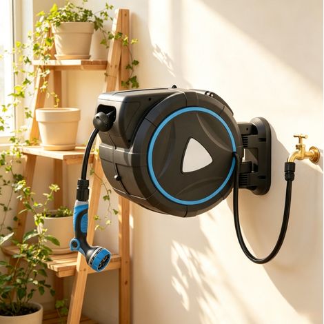 Automatische Wand-Schlauchbox 23+2 m mit 10-Funktions-Gießpistole, blau HAVRYA (1/4)