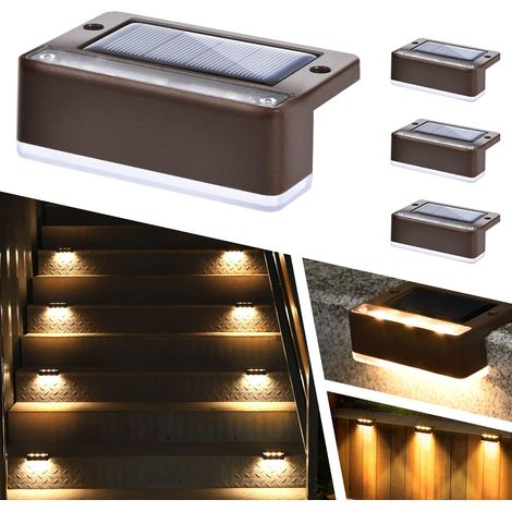 Solpex Lot de 4 lampes solaires d'extérieur blanc chaud pour escalier, lampes solaires étanches pour escaliers extérieurs, marches, clôture, jardin, cour, terrasse, décoration (marron,blanc chaud) (1/5)