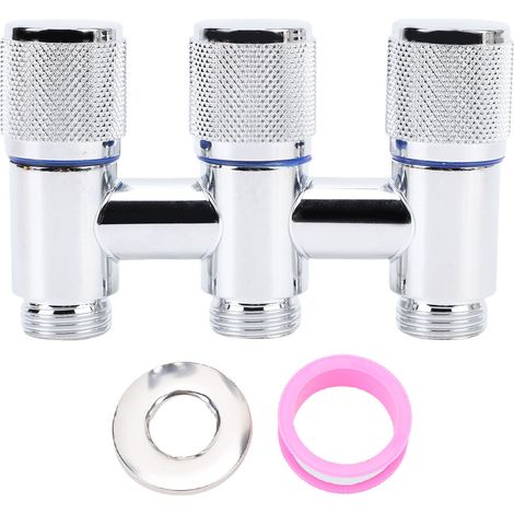 Robinet 1 entrée 3 sorties, filetage mâle G1/2, en acier inoxydable, répartiteur d'eau 3 voies pour WC, lave-linge, évier de cuisine, finition électroplaquée. (1/5)