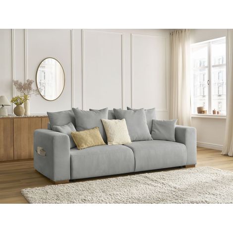 BOBOCHIC - Canapé droit convertible SIDONIE velours côtelé Gris clair (1/5)