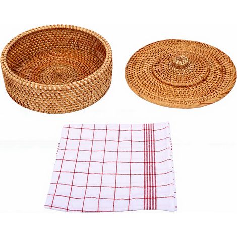 Panier à tortillas en rotin avec couvercle en tissu, grand espace de rangement, support tissé à la main pour wraps et crêpes (1/5)