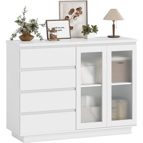 Buffet-Schrank, Sideboard mit 4 Schubladen, 2 Glastüren, modernes Design, MDF, Weiß