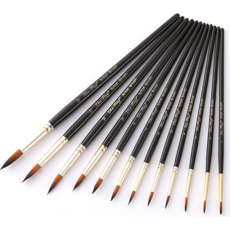 12 Pièces Nylon Pinceaux Peinture Acrylique Professionnel, Artiste Pinceau Set pour Aquarelle Gouache Peinture à l'huile, Art Paint Brush Ronds Pointus Langue de Chat Ovale Lavage (Noir) (1/5)