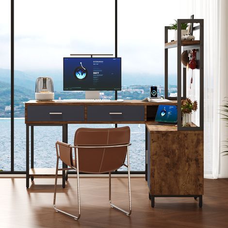 Escritorio esquinero en l 140x140x135 cm para oficina y dormitorio estilo industrial de metal y madera con cajones y panel de rejilla - Negro y madera natural (1/5)