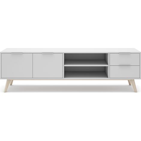 Meuble TV, meuble de salon avec 2 portes, 2 niches et 2 tiroirs en pin coloris blanc/naturel - Longueur 180 x Profondeur 40 x Hauteur 53 cm (1/5)
