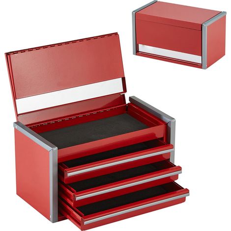 Coffre à outils métallique 22 cm, 3 tiroirs, portable, avec revêtement EVA et patins PP, acier robuste, ouverture à roulement à billes, finition laquée rouge. (1/5)