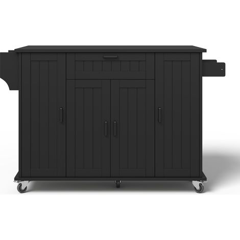 Îlot de cuisine sur roulettes avec plan de travail rabattable 120×45(70)×95 cm, rangement avec 4 portes et 1 tiroir, porte-serviettes double face, couleur noire (1/5)