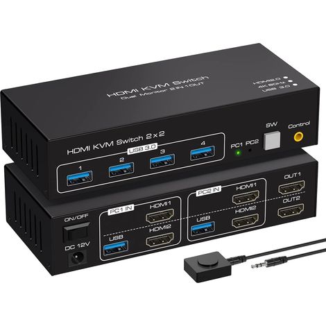 HDMI KVM Switch 2 PC 2 Monitore 4K60Hz KVM Switches Dual Monitore mit 4 USB Ports Unterstützung Kopieren und Erweiterte Anzeige und Desktop Steuerung Inklusive 2 USB3.0 Kabel (1/5)