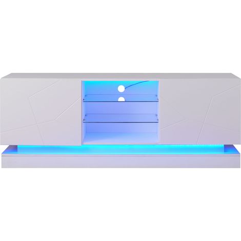 Meuble TV blanc mat 1,6 m avec étagère en verre ajustable et capacité 70 pouces (1/5)