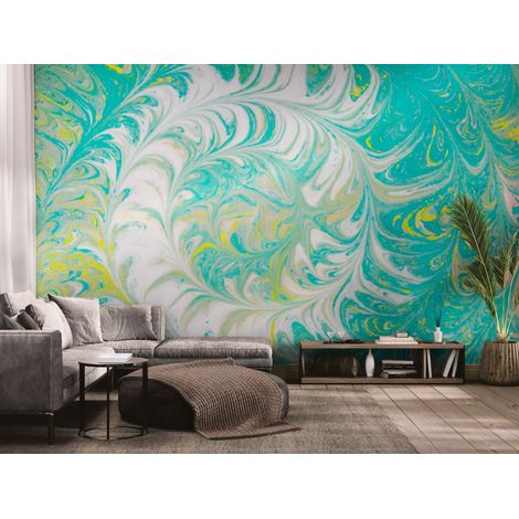 Papier peint Abstrait – cercles blancs sur fond turquoise - 150 x 250 cm (1/2)