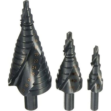 Set di 3 punte a gradini in titanio (4-12 mm/4-20 mm/4-32 mm), gambo triangolare, per lavorazione del legno e fai da te (1/5)