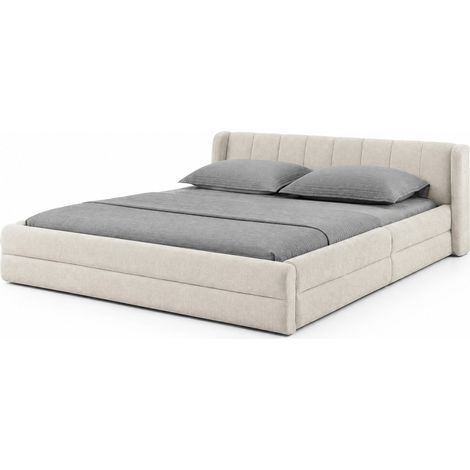 Lit Double 140 x 200 cm en Chenille, Tête de Lit Matelassée et Soutien Renforcé, sans Matelas, Beige (1/5)