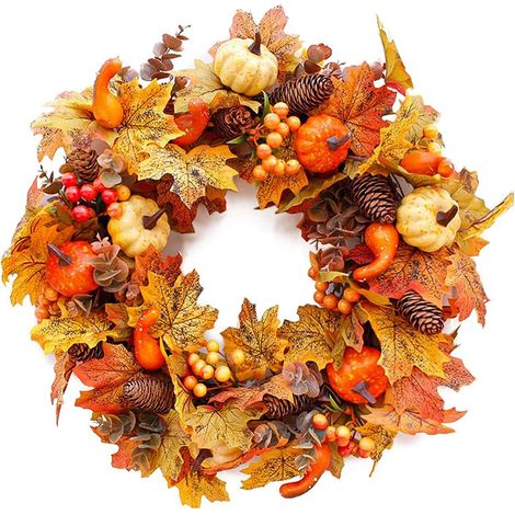 Grandi ghirlande autunnali per la porta d'ingresso, ghirlande autunnali artificiali da 50 cm con pigne, bacche d'acero e di zucca, ghirlanda del Ringraziamento per interni ed esterni, decorazioni autu (1/5)