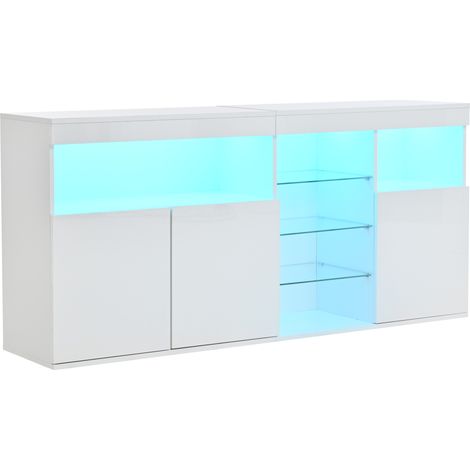 Buffet de salon blanc brillant avec LED pilotée par application, 3 portes et étagères en verre, 155,5 x 35 x 72 cm (1/5)