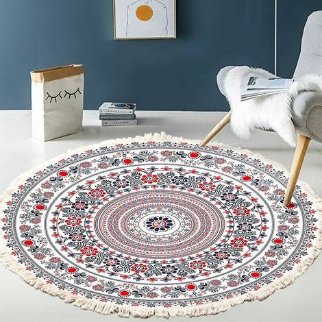 Tapis rond en coton tissé à la main - Motif mandala - Style bohème vintage - Avec pompons - Lavable en machine - Pour chambre à coucher, couloir, salon, table basse - 60 cm