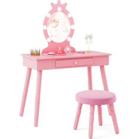 COSTWAY Princess Vanity Table & Chair Set Kids Vanity Set w/Lighted Mirror-Pink (1/5)