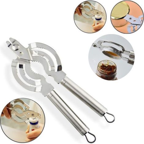 Apribottiglie e apriscatole in acciaio inox. Compatto e facile da usare. Apribottiglie multifunzionale (ideale per persone con mobilità ridotta delle mani). (1/5)