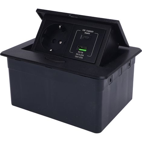 Boîte de sol encastrable étanche en alliage d'aluminium avec prise plate, 2 trous, ports USB A et C PD 20W, noire (1/5)
