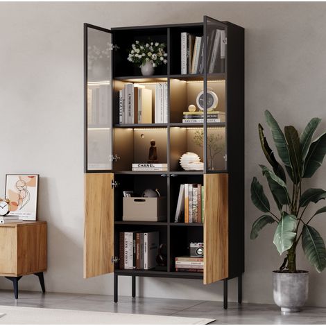 MEUBLIV Vitrine 74x31x180 cm noir et chêne – 4 portes avec LED et étagères réglables (1/5)