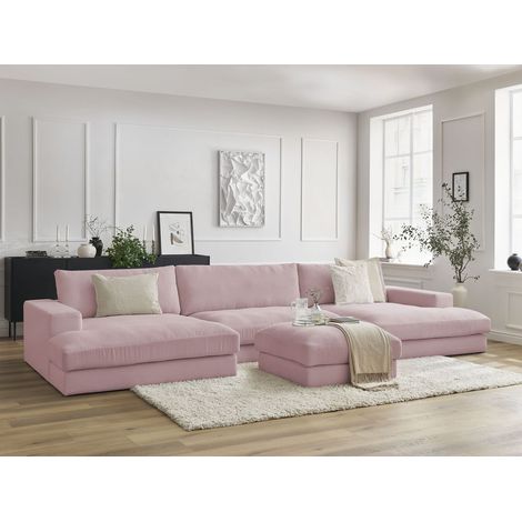 BOBOCHIC - Canapé panoramique fixe LEONARD velours côtelé avec pouf Violet (1/5)