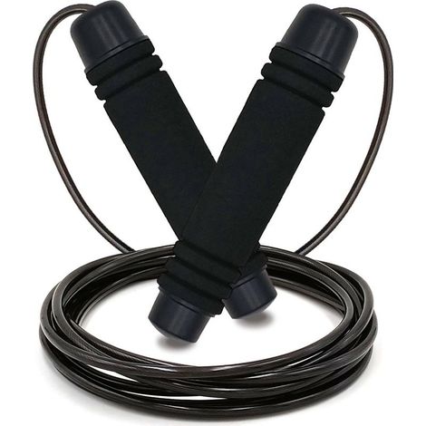 Corde à sauter fitness pour adultes, poignée en mousse, câble acier, coloris noir (1/5)