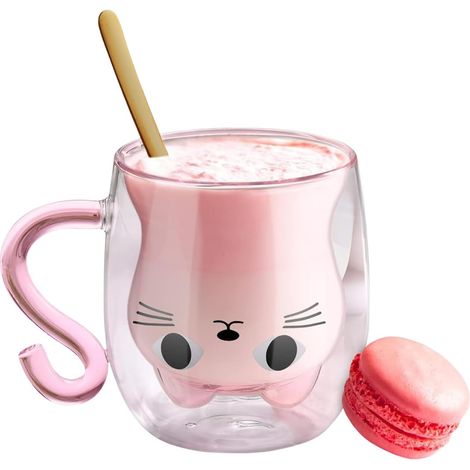 Tasse Chat Double Paroi en Verre - Thé, Latte, Cappuccino - Avec Poignée - Pour Femmes, Amoureux des Chats, Maison, Anniversaire - 300ML (Rose) (1/5)