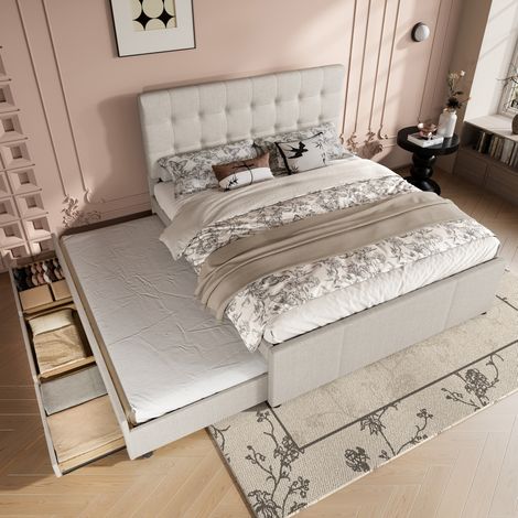 Cama tapizada minimalista 140x200 cm de lino beige, con cabecero regulable, 3 cajones y cama nido extraíble (1/5)