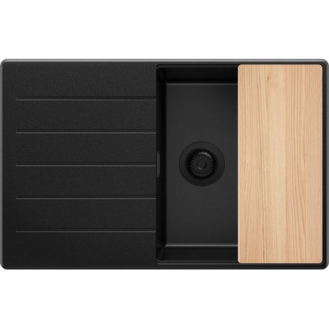 PRIMAGRAN Evier Cuisine en Granit 78x50cm, Lavabo 1 bac + Kit de Vidage + Planche à Découper, Évier à Encastrer au meuble 50cm - Copenhague, Tout Noir