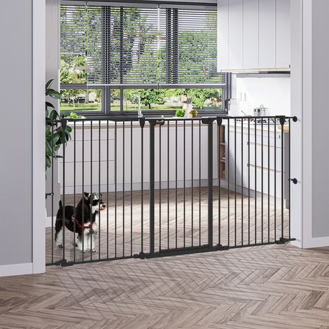 Dog Gate 90A cm avec 3 panneaux pliants et double verrouillage - 206x90cm - porte de sécurité en acier et plastique - noir