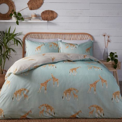 Housse de Couette Girafe Bleu Canard 140 x 200 cm 1 taie d'oreiller Design réversible Parure de lit Animaux du Zoo Gris et Bleu avec girafes Cadeaux girafes (1/5)