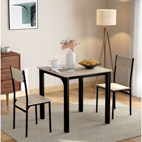 Esszimmergarnitur aus MDF mit PVC und Metall, naturfarben, Tisch 70x70 cm, mit 2 Stühlen, platzsparend (1/5)