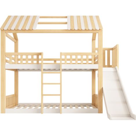 Litera infantil 90x200 con techo blanco y natural, estante y tobogán de 35 cm, sin colchón (1/5)