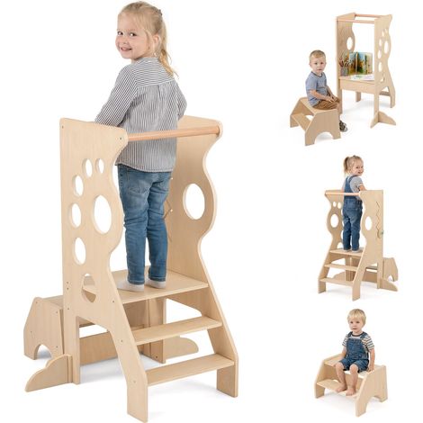 tour d'apprentissage tout-petit, tabouret de cuisine pour enfants, chaise haute en bois, chevalet réglable en hauteur, 3 niveaux, échelle pour enfan (1/5)