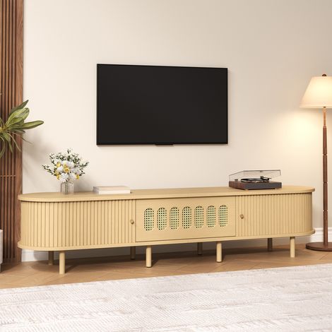 Meuble TV 180 cm en MDF bois clair, pour écran jusqu’à 75 pouces, avec porte rabattable, 2 portes à rideau, 5 compartiments fermés et 8 pieds – rangement salon CHICFURN (1/5)