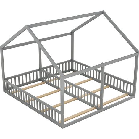 Lit cabane enfant double 90 x 200 cm gris avec barrière, bois de pin et MDF