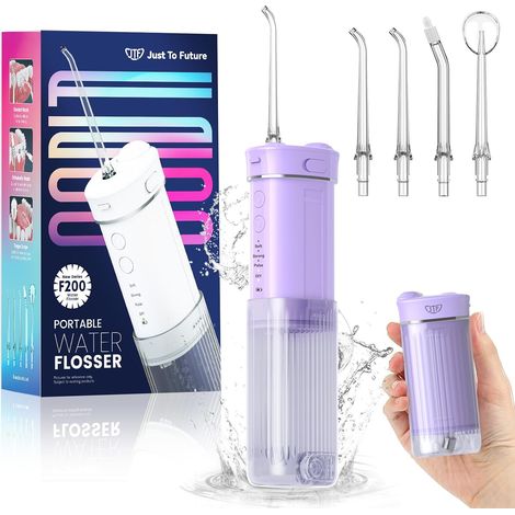 Hydropulseur Jet Dentaire Portable Mini, Électrique Voyage Irrigateur Oral Detartreur Avec 5 Buses Rechange, 4 Modes Water Flosser, 230 ML Réservoir D'eau Escamotable, IPX7 Étanche(Violet) (1/5)