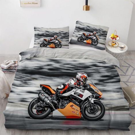 Bettwäsche-Set 200x200 cm mit 2 Kissenbezügen 80x80 cm, 3D Motocross-Design, Mikrofaser