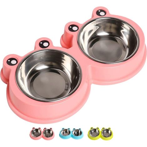 Gamelles pour animaux en acier inoxydable, gamelles doubles pour nourriture et eau (chiens, chats, lapins), mangeoire antidérapante au design mignon, sans BPA, compatible lave-vaisselle. (1/5)
