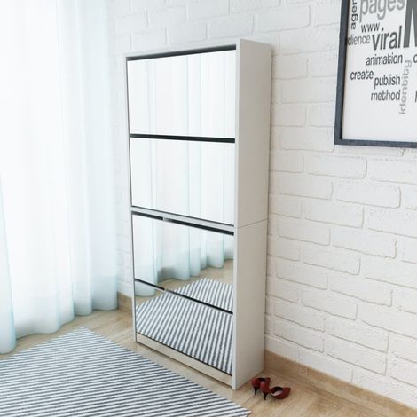 Meuble à chaussures, Étagère à Chaussures, Armoire à Chaussures 4 étagères et miroir 63x17x134 cm Blanc NHU20112 (1/5)