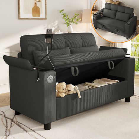 Canapé 2 places avec coffre 136,5x79,5x83,6 cm, rangements d’accoudoirs, 2 porte-gobelets, USB/Type-C, support téléphone, velours côtelé Gris (1/5)