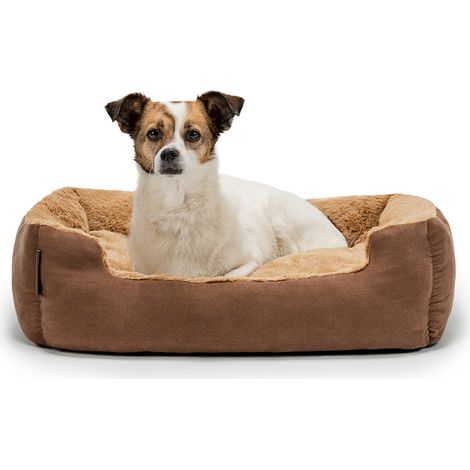 lionto Hundebett, weiches Kuschelbett mit herausnehmbarem Wendekissen & Anti-Rutsch-Boden, 60x48 cm, braun/beige