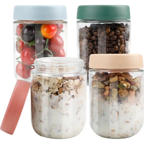 4pcs pots d'avoine de nuit, 480ml Pot de Conservation Alimentaire Réutilisable avec Couvercle, Bocal en Verre Hermétique, pour Overnight Oats, Yaourt, Salade, Confiture, Préparation des Repas (1/5)