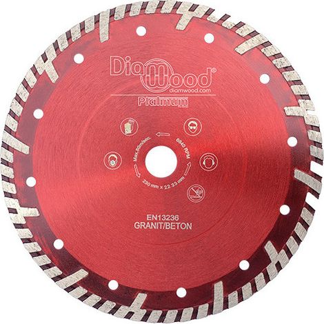 Diamwood Disque Diamant Turbo Cannelé HPT - D. 230 mm - 230 x 22,23 x 10 mm - Épaisseur 2,6 mm - Jante continue - Coupe précise et rapide sur Granit et Béton Armé (1/2)
