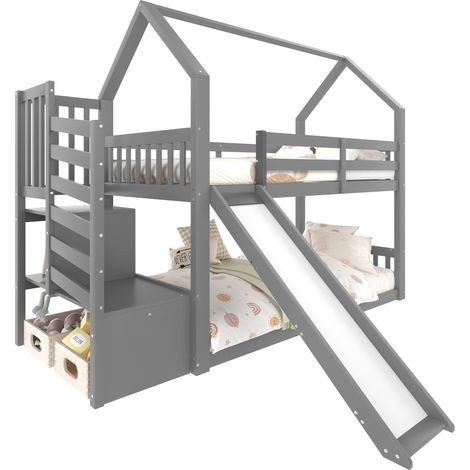 Lit superposé enfant avec escalier de rangement et toboggan, maison 90x200 cm, gris, en bois et MDF, sans matelas, sécurité renforcée  CHICFURN (1/5)