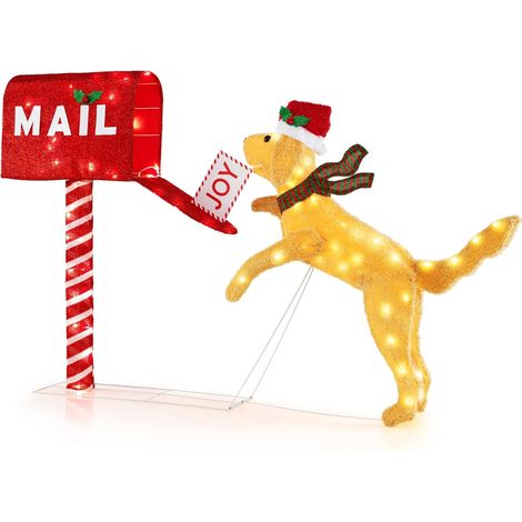 COSTWAY Cassetta Postale Natalizia e Cane, Decorazione Festiva Pre-Illuminata con 120 Luci LED Bianco Caldo, Decorazione Natalizia per Esterni Impermeabile con Fascette e Picchetti da Terra (1/5)