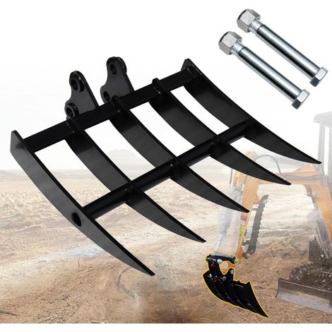 Râteau 5 Dents pour Mini-Pelle 0,8–1,8 t, 2 Axes Ø25 mm Acier manganèse anti-usure, fixation 90 mm, entraxe 88 mm, montage sans outil spécial, pour branches gravats gravier (1/5)